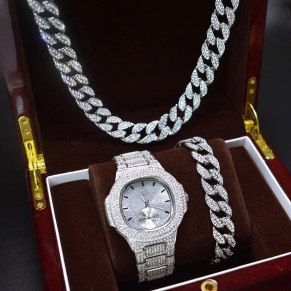 Other - Full Iced Out Watch, Bracelet and Necklace Men Set